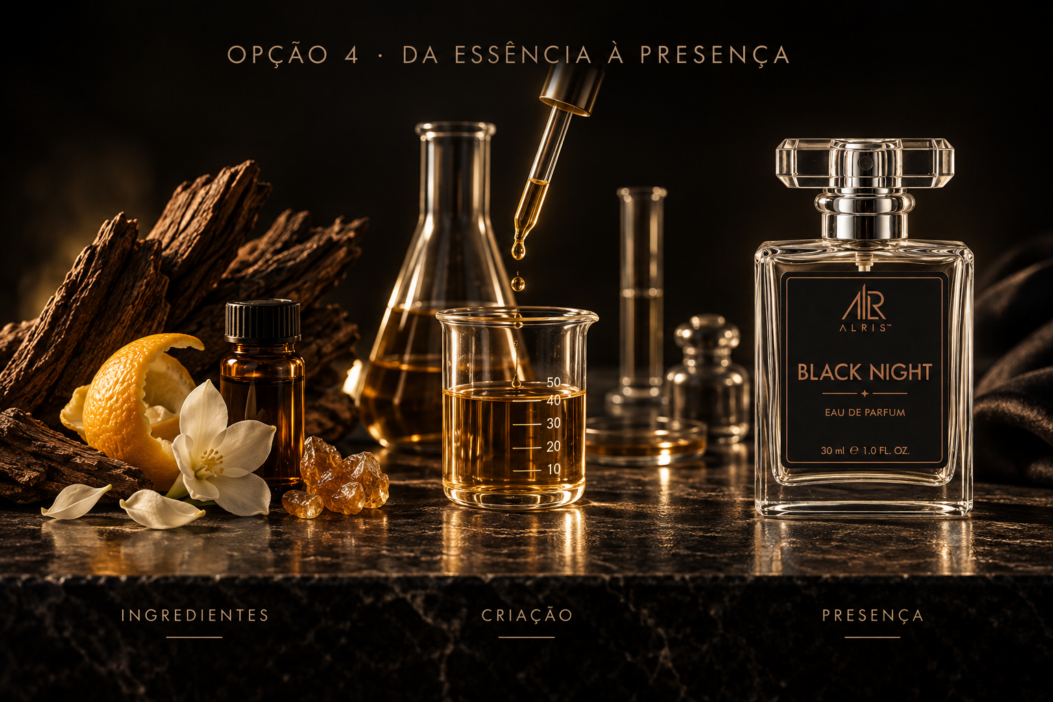 Ingredientes, criação e presença: composição de perfumaria com o frasco ALRIS BLACK NIGHT