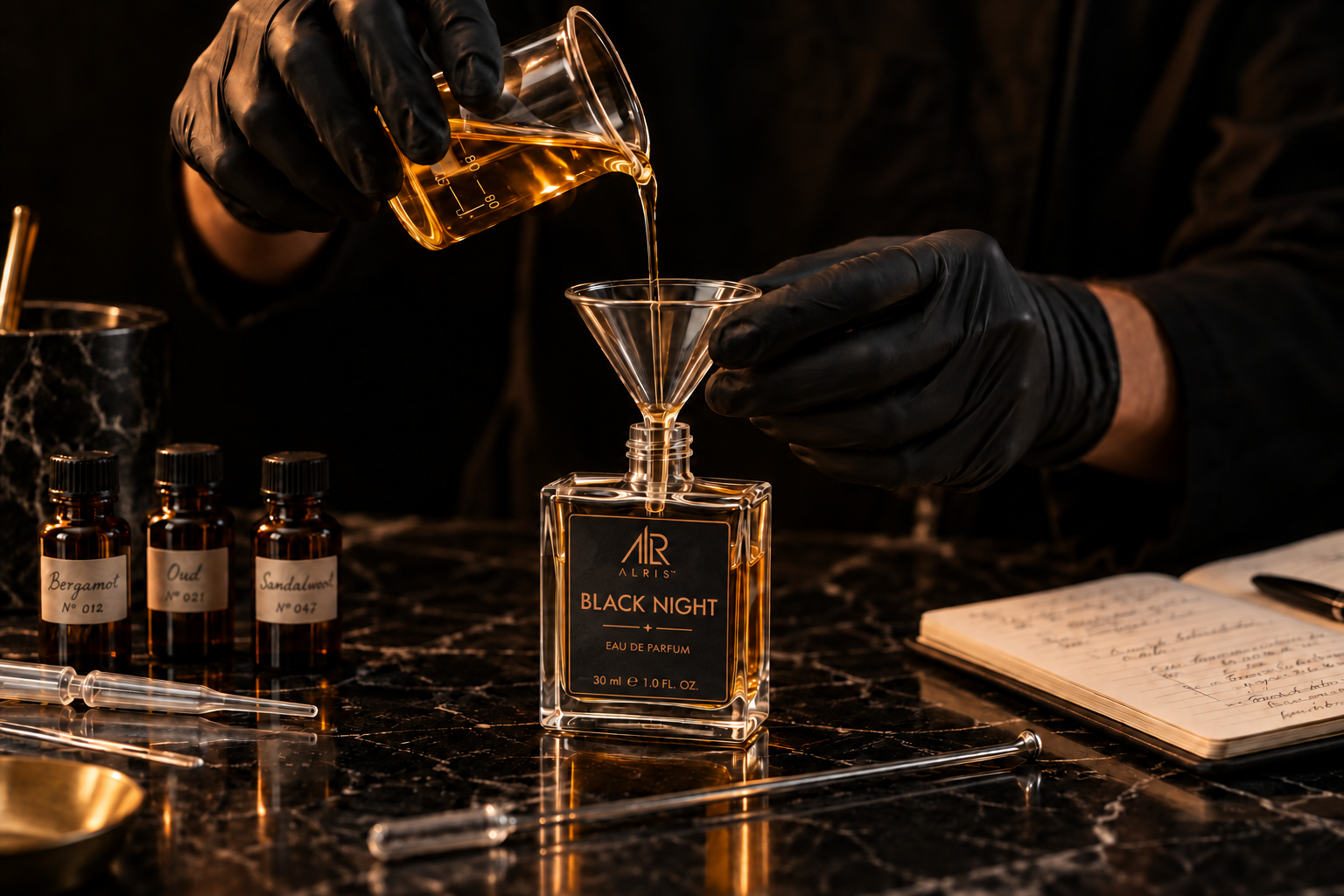 Cena ilustrativa da produção de perfume: mãos com luvas preparando uma fragrância em uma bancada de perfumaria